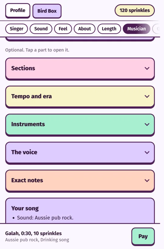 Musician mode folded into parts: Sections, Tempo and era, Instruments, The voice and Exact notes.