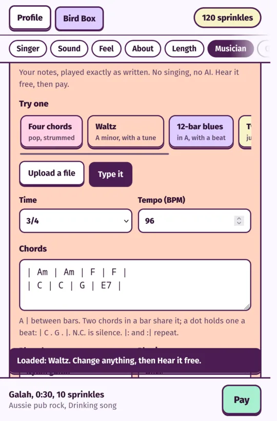 Exact notes: Try one pieces, Upload a file or Type it, and a chord chart typed in 3/4 at 96 BPM.