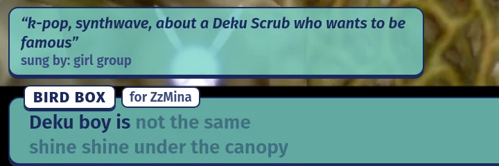 On stream: a teal lyrics card tagged BIRD BOX and the viewer's name, the line being sung in bold, under a box with the request and who sings it.