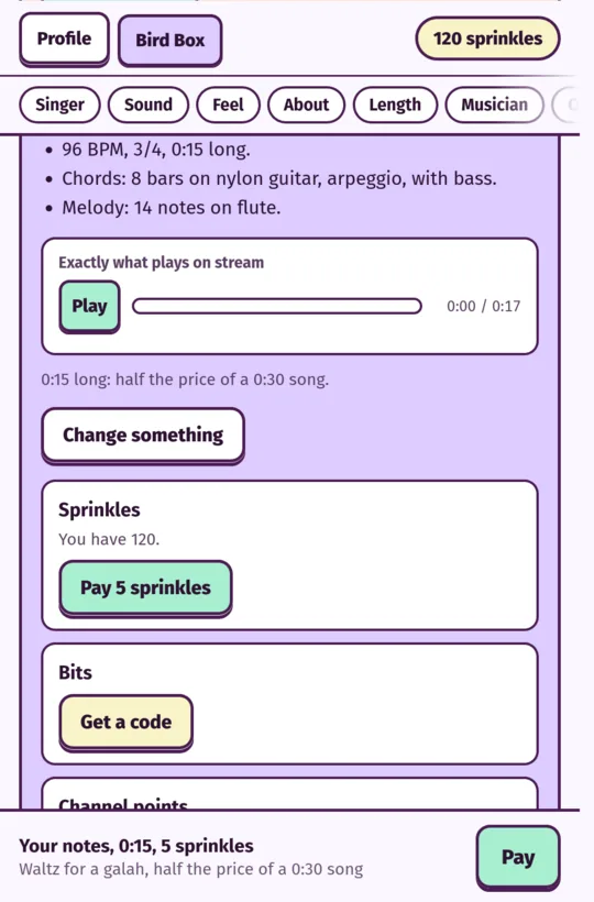 A piece ready to hear: a Play button, what was read (96 BPM, 3/4, chords on nylon guitar, a flute melody) and the price.
