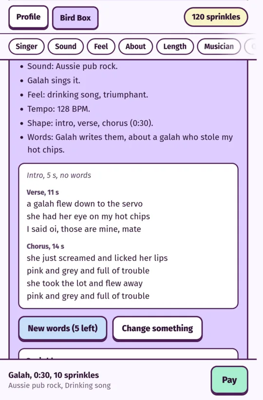 Galah's lyrics for a pub rock song about a galah who stole my hot chips, section by section, with New words (5 left).