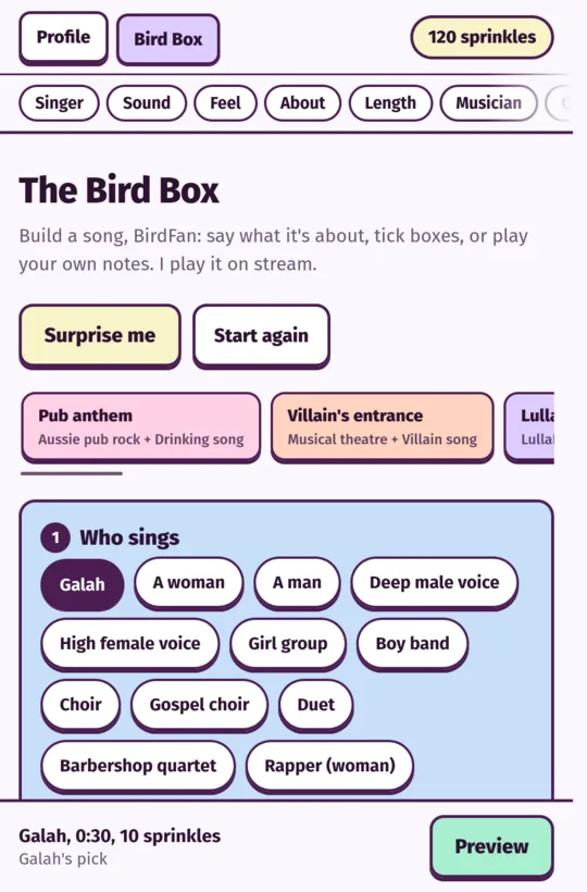 The Bird Box on a phone: ready-made combos like Pub anthem, then Who sings with Galah picked, and a Preview button.